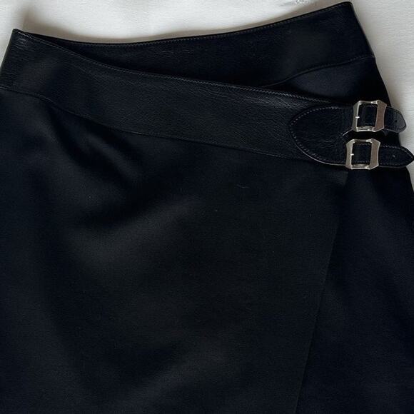 Saint Laurent Wool Wrap Skirt size FR 36 Black Leather Trim - Picture 10 of 16